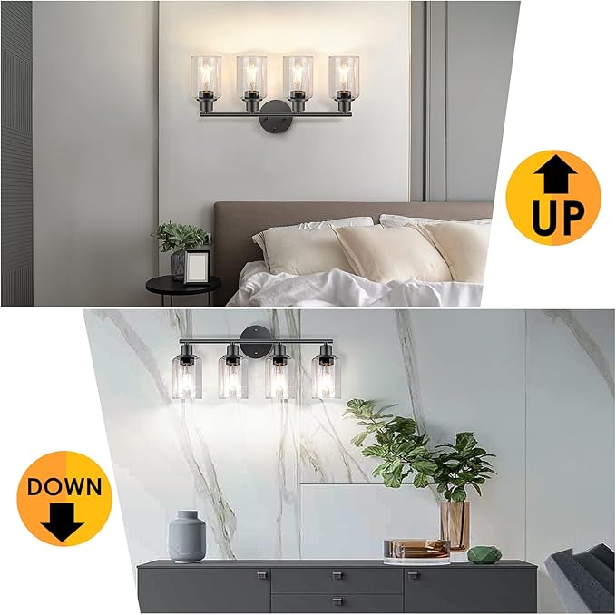 FOLKSMATE Bathroom Light Fixtures, 4 Light Matte Black Vanity Light, Vintage Wall Sconces Lighting, Modern Bath Wall Mounted Lights with Glass Shade