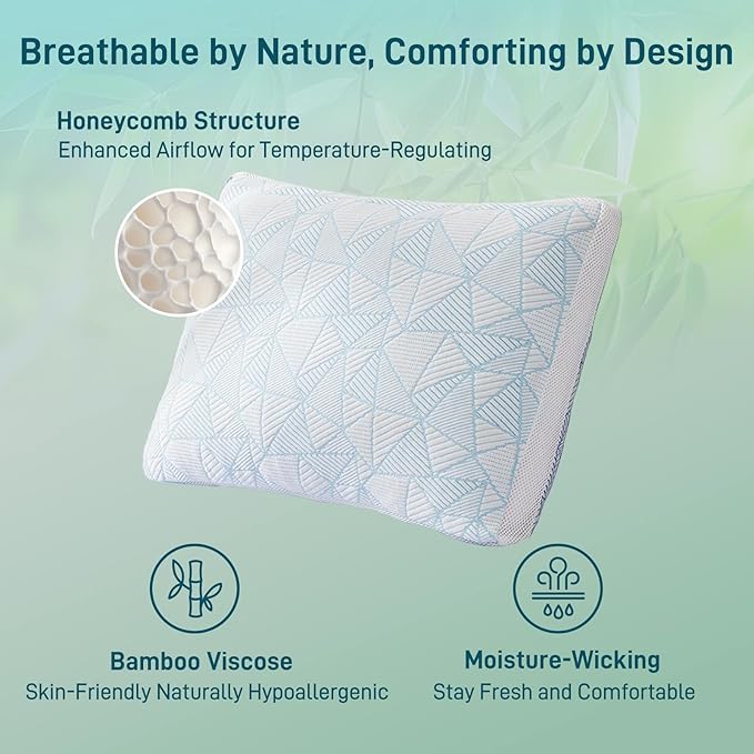 Shredded Memory Foam Cooling Soft Bamboo Viscose Pillow King Size, Adjustable Hypoallergenic Hotel Quality Bed Pillow for Side, Stomach or Back SleeperSleeper, Oeko-TEX Certified