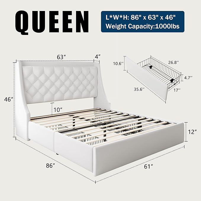 Queen Bed Frame with 4 Storage Drawers, Huge Upholstered Wingback Headboard, Fast Charging Station, No Box Spring Needed, Noise-Free, White