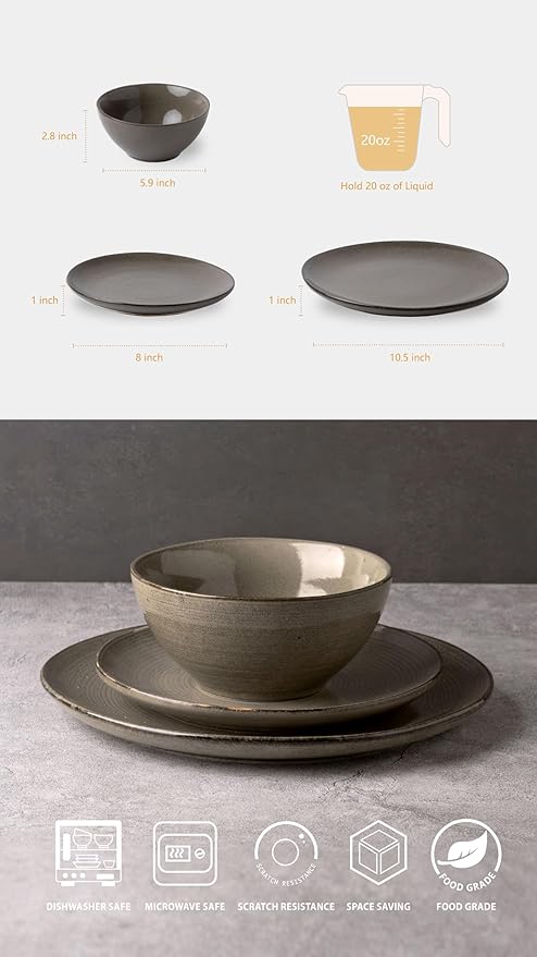 famiware Tempus Plates and Bowls Sets for 8, 24 Pieces Stoneware Dinnerware Sets, Dishes Set, Reactive Glaze Dishware Sets, Dishwasher & Microwave Safe - Dark Olive