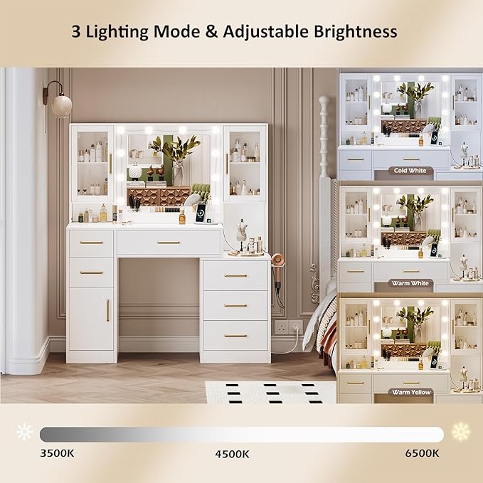 51" Vanity Desk with Mirror and Lights & Charging Station, Bedroom Dressing Table, Large Vanity Set, 6 Drawers and 2 Cabinets, Makeup Vanity Table with Charging Station, Without Stool