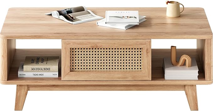 Soohow Coffee Table, Mid Century Living Room Tables with Storage, Modern Square with Rattan Drawer, Wooden Living Room Table with Solid Wood Leg