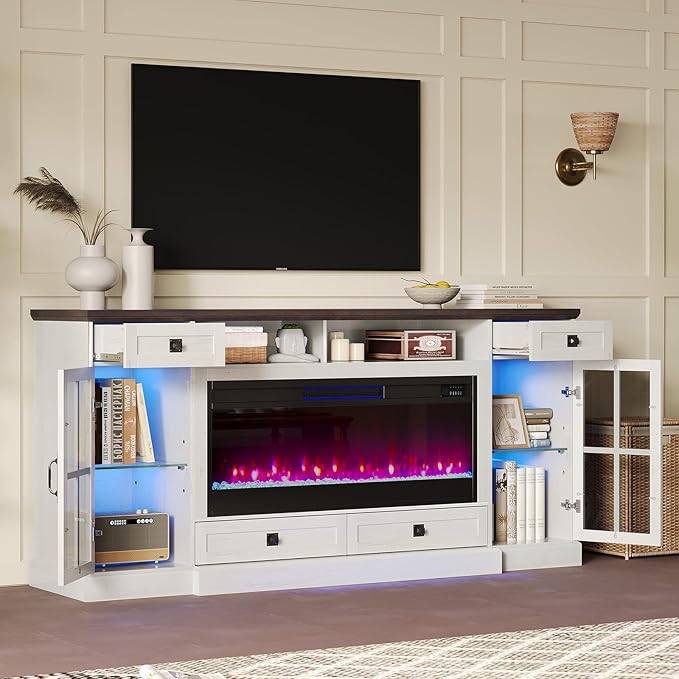 AMERLIFE 70“ Fireplace TV Stand for 80 Inch TV, Farmhouse TV Stand with 42" Fireplace & LED Lights, Entertainment Center with Storage Drawers & Cabinets, Antique White