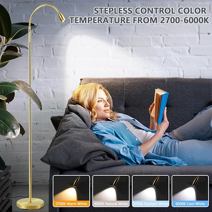 Reading Floor Lamp, 72" Tall LED Lamp with Flexible Gooseneck, Dimmable Zoomable Spotlight, Adjustable Color Beam Standing Lamp, Touch & Remote Control, Task Craft Bedroom Living Room (Light Gold)