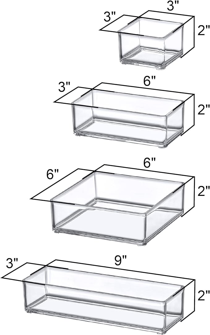 Amazing Abby - QuickSort - Plastic Stackable Organizers (8-Piece Set) for Vanity and Desk Drawer, Perfect Storage Solution for Beauty Products, Office Supplies, Decorative Items, and More