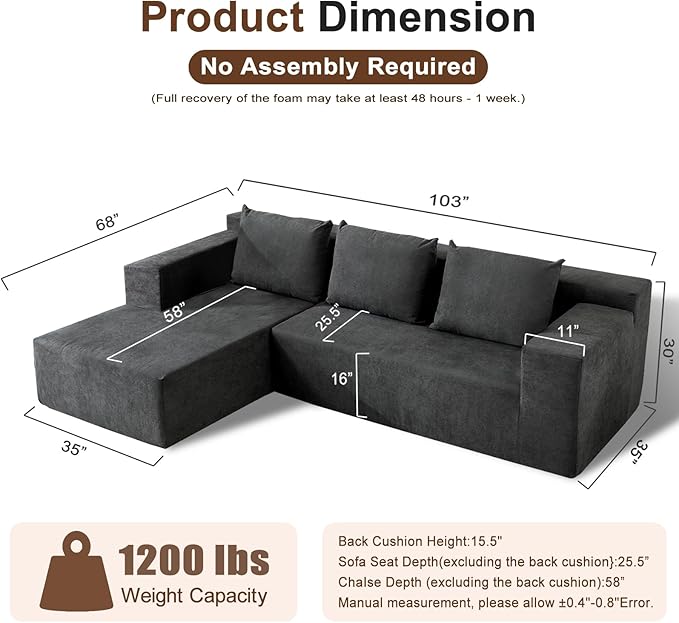 103" Cloud Sectional Sofa, Boneless L-Shape Couch with Chaise, Modern Minimalist Modular Couch for Living Room, Free Combination Deep Seat Corner, No Assembly Required, Dark Grey