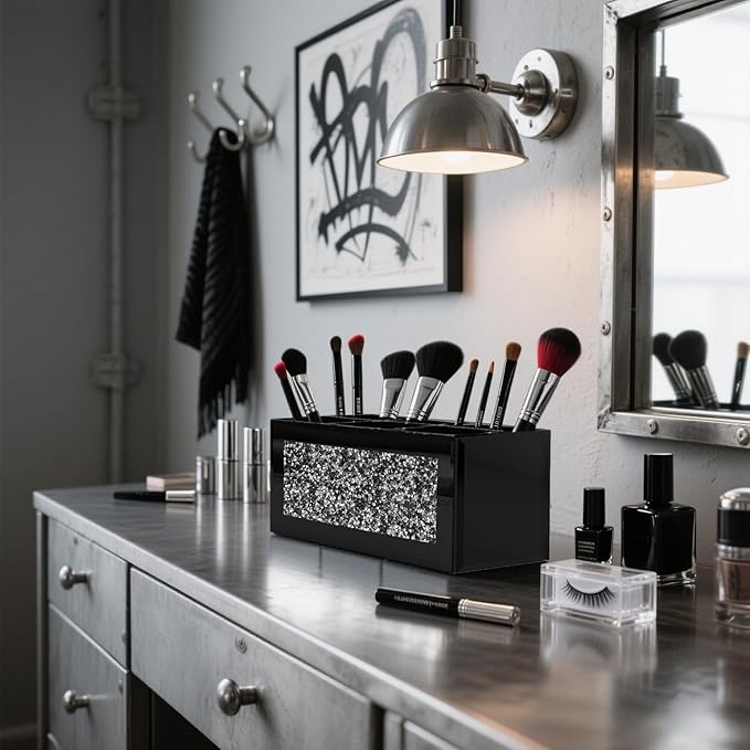 SHYFOY Black Makeup Brush Holder Organizer, 6 Slots Glass Makeup Cosmetics Organizers and Storage for Vanity Countertop