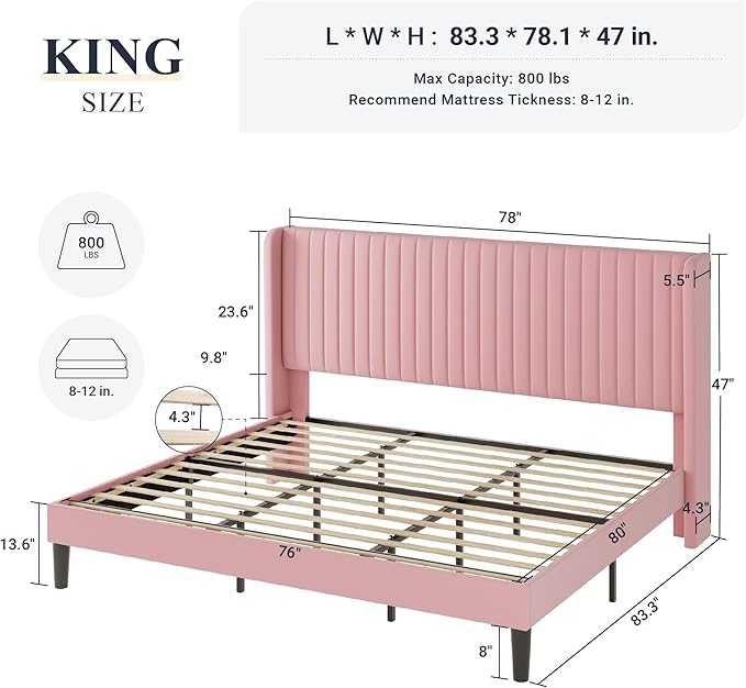 Allewie King Size Velvet Bed Frame/Vertical Channel Tufted Wingback Headboard/Upholstered Platform Bed/Strong Wooden Slats/No Box Spring Needed/Easy Assembly/Pink