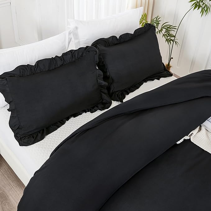 Litanika Black King Size Comforter Set, 3 Pieces Ruffle Farmhouse Aesthetic Bedding Comforter Set, All Season Soft Lightweight Fluffy Microfiber Bed Set(104x90In Comforter, 2 Pillowcases)
