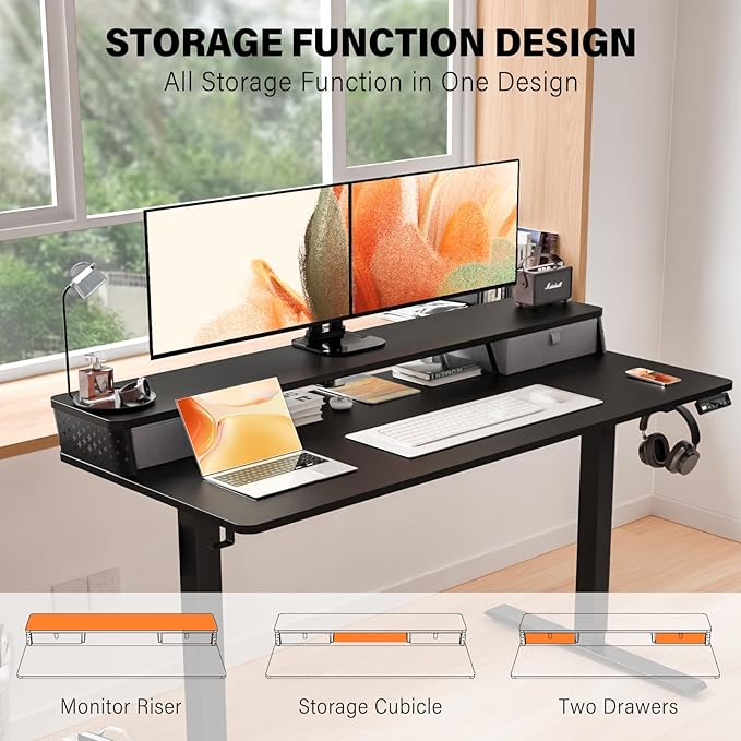 Electric Standing Desk with 2 Drawers 48''x 24'' Adjustable Height Sit to Stand Up Desk with Storage Shelf, C-Clamp Mount Compatible Black Home Office Desks Computer Gaming Table Ergonomic Workstation