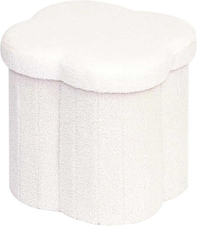 B FSOBEIIALEO Storage Ottoman Cube, Flowers Shaped Ottomans with Storage Foot Stool Footrest, Boucle Ottoman Seat for Dorm Room, Faux Teddy Fur, Cream White 15"x15"x15"