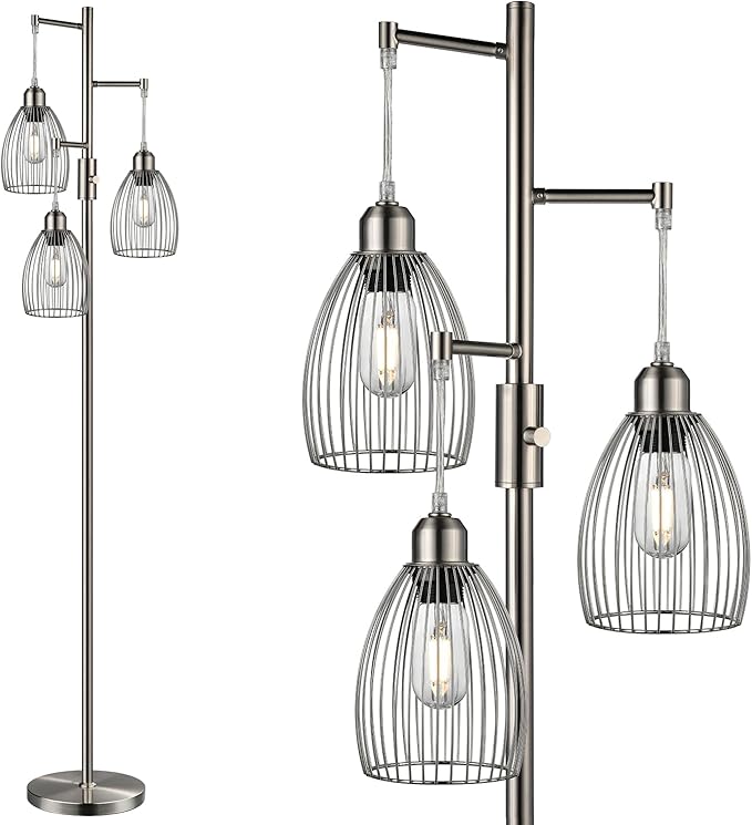 Dimmable Floor Lamp, Metal, 3 x 800LM LED Edison Bulbs Included, Industrial Floor Lamp Standing Tree Lamp with Elegant Teardrop Cage Heads Tall Lamps for Living Room Bedroom-Brushed Nickel