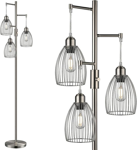 Dimmable Floor Lamp, Metal, 3 x 800LM LED Edison Bulbs Included, Industrial Floor Lamp Standing Tree Lamp with Elegant Teardrop Cage Heads Tall Lamps for Living Room Bedroom-Brushed Nickel