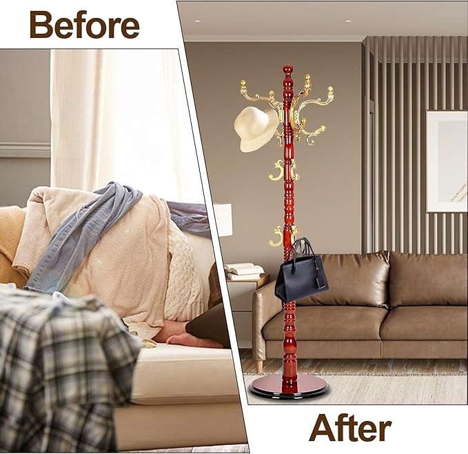 Wooden Coat Rack Stand, High-Grade Coat Racks freestanding with 14 Hooks & Stable disc Base, Easy to Assemble Coat Hanger Stand, for Entryway, Hallway, Bedroom and Office (Begonia)