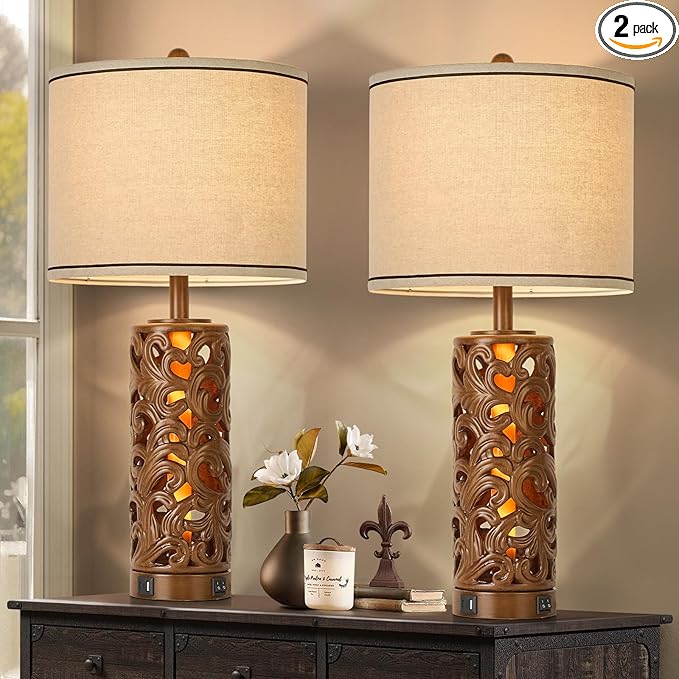 AIDENOEY 27.5" H 3-Way Dimmable Touch Control Table Lamp with USB A+C Ports, Vintage Walnut Finish Resin Bedside Farmhouse Table Lamp Set of 2，for Living Room，Bedroom，Office