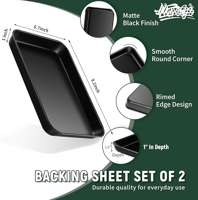 Herogo Baking Sheet Pan Set, 9×6.7×1 Inch Nonstick Carbon Steel Cookie Sheet Bakeware Set for Oven, Multipurpose Kitchen Cookware 2 Pack, Non Toxic & Heavy Duty & Easy Clean-Small