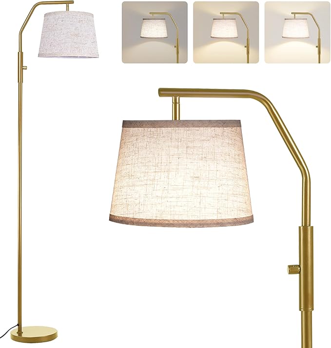 SUNMORY Floor Lamps for Living Room, 9W Bulb Included, Lamp for Bedroom with Adjust Head, Standing Lamp with Rotary Switch, 0-100% Dimmable Floor Lamp for Living Room Bedroom Office Nursery, Gold.