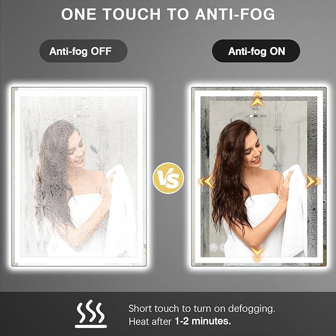 24"x 36" LED Bathroom Mirror with Stepless Dimmable Wall Mirrors with Anti-Fog, Dimmable CRI>90, Vanity Mirror with 3 Color Modes, Shatter-Proof, Memory Bathroom Mirror with LED Lights