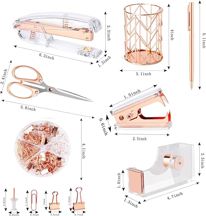 Famassi Rose Gold Desk Accessories，Office Supplies Set Acrylic Stapler Set Staple Remover, Tape Holder, 2 Ballpoint Pen, Scissor, Binder/Paper Clips and 1000pcs Staples.