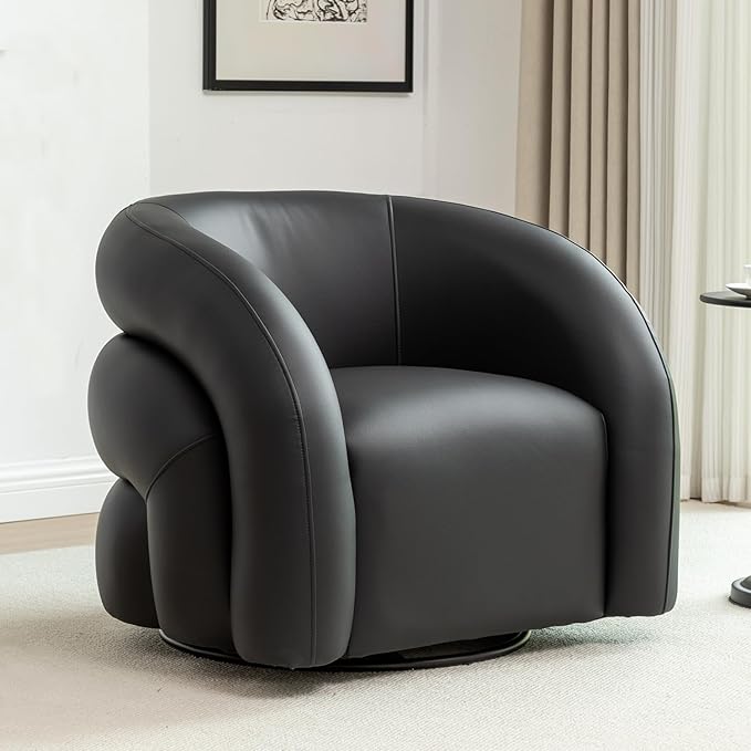 34.6" W Swivel Accent Chair, Modern Round Faux Leather Armchair for Living Room,Upholstered Comfy Sofa Chairs for Bedroom Reading Apartment Lounge,Fully Assembled(Black)