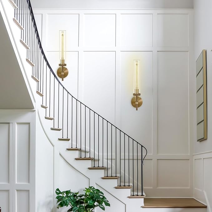 Brass Sconces Wall Lighting, 19" Tube Glass Gold Sconces, Bathroom Wall Sconces Lighting Vanity Lights Wall Lights for Living Room, Hallway, Fireplace, Staircase