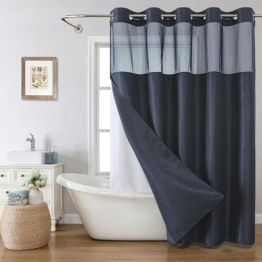Stall No Hook Shower Curtain with Snap-in Fabric Liner Set,Waffle Weave Shower Curtains for Bathroom,Hotel Luxury Decor Bathroom Curtain Set,Waterproof & Washable,Navy,54Wx80H