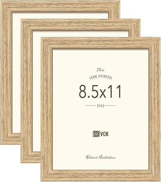 VCK 8.5x11 Beige Oak Picture Frames 3 Pack, High-End Wood Wide Border Poster Frame,Tabletop & Wall Hanging, Multi-Directional Display Family Photos, Office Prints, Studio/Gallery/Home Artwork