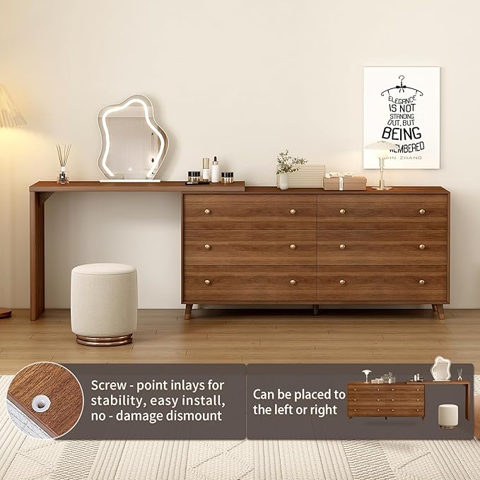 Makeup Vanity Desk Set with Cloud-Pattern HD Lighted Mirror and Stool, 60-100in Extendable Modern Vanity Table, 6-Drawer Solid Wood Frame Storage Cabinet, Bedroom Dressing Table, Brown