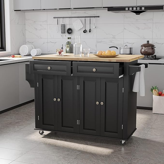 Kitchen Cart with Wood Top and Drop Leaf Breakfast Bar, Rolling Mobile Kitchen Island Table on Wheels with Drawer and Storage Cabinet, Spice Rack, Towel Rack, Black