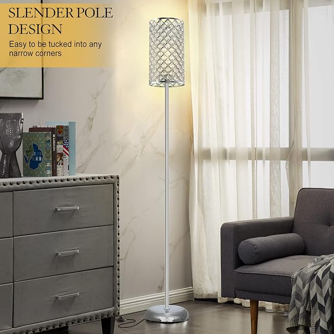 GyroVu Crystal Floor Lamp, Elegant Standing Lamp Modern Floor Lamp Silver Finish Tall Pole Lamp Accent Light with On/Off Foot Switch for Living Room, Girl Bedroom, Dresser, Office
