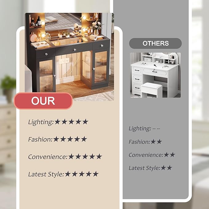 Makeup Vanity with Glass Top, Black Vanity Desk with Mirror and Lights, Big Vanity with Drawers & Cabinets for Bedroom, Cute Vanity with Crystal Knobs & Power Outlet for Women, Girls