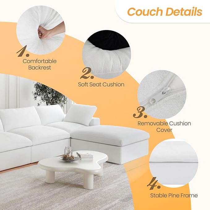 JACH 160" Cloud Sectional Couch, Overzised Down Filled Couch, 8 Seater Convertible Modular Cloud Sofa for Living Room, Minimalist Deep Seat Modern Couches,Sofa Cover Removable, White