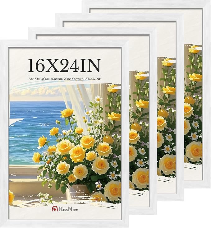 16x24 Poster Frame 4 Pack, Textured White Solid Wood Picture Frame, Wall Hanging