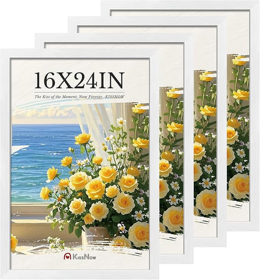 16x24 Poster Frame 4 Pack, Textured White Solid Wood Picture Frame, Wall Hanging