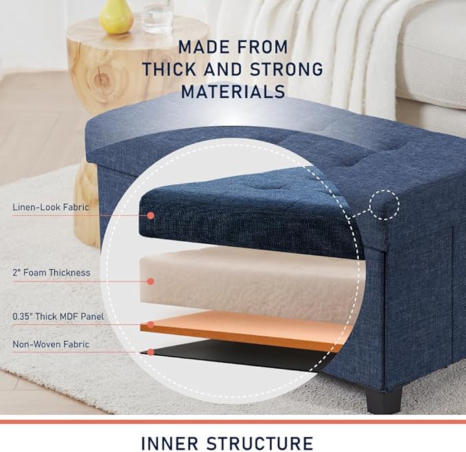 Ornavo Home 30 Inch Storage Ottoman, Large Storage Bench, Ottoman with Storage with Legs, Foot Rest Stool, Bedroom Bench - Navy Blue