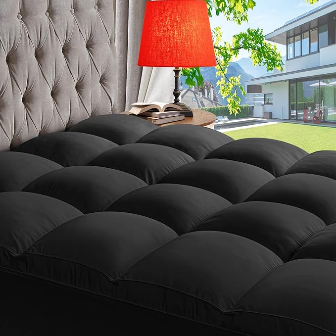 ABENE Mattress Topper Queen for Back Pain Relief, Extra Thick Mattress Pad Pillowtop, Soft Mattress Protector Cover with 8"-21" Deep Pocket, Overfilled Down Alternative Filling (Black, Queen)