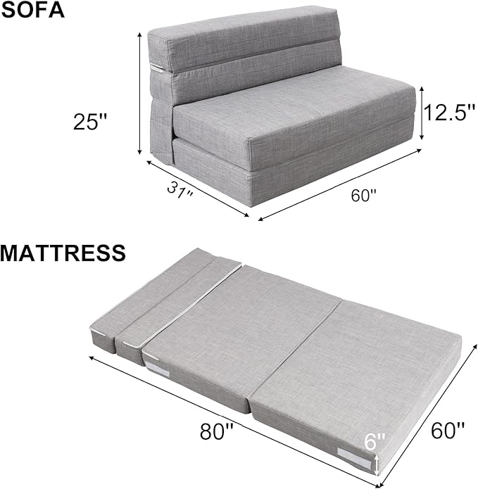 ANONER 60" Folding Sleeper Chair Sofa Bed Lazy Couch with 2 Pillows, Queen Size Memory Foam Washable Cover, Light Gray