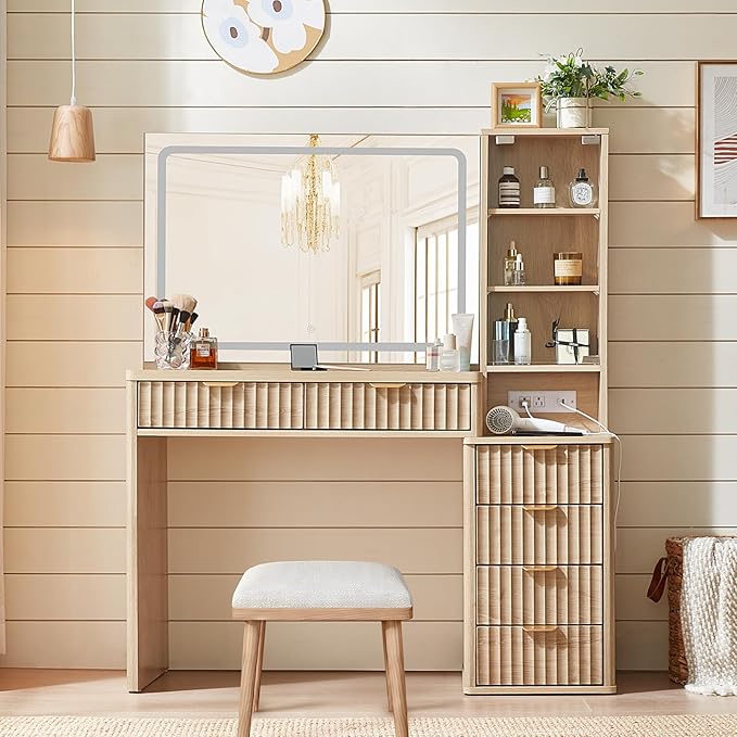 LEYAOYAO Vanity Desk with Mirror and Lights, 43.5'' Fluted Makeup Vanity with 6 Drawers and Adjustable Shelves, Glass Top Make Up Vanity, Girls Wood Dressing Table with Power Outlet for Bedroom
