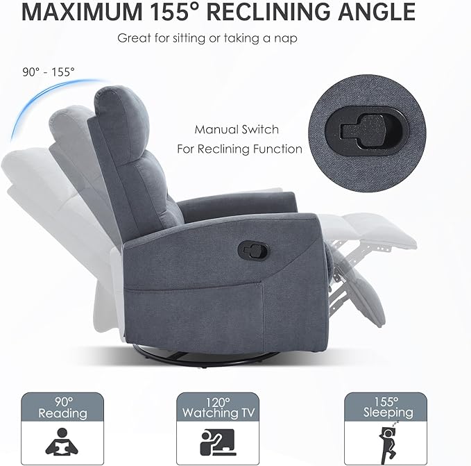 360° Swivel Rocker Recliner Chair for Small Spaces, Manual Reclining Chair for Adults, Rocking Glider for Nursery, Living Room, Bedroom, Fabric Dark Grey