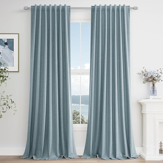 Guken Blue Linen Blackout Curtains 98 Inch Length 2 Panels Set for Living Room Bedroom Back Tab Thermal Insulated 100% Black Out Linen Drapes Room Darkening Window Curtains 98 Inches Long Dusty Blue