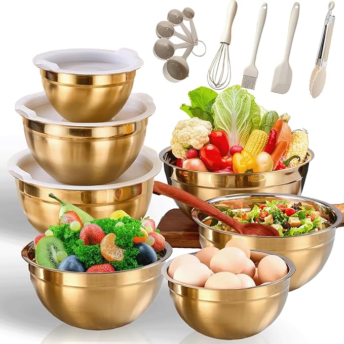 7 Pack Gold Mixing Bowls Set with 5 PCS Kitchen Accessories, Stainless Steel Nesting Mixing Bowls with Airtight Lids, Baking, Prepping and Serving Food, Stackable Size 7,3.6,2.7,2.1,1.5,1.1,0.8QT