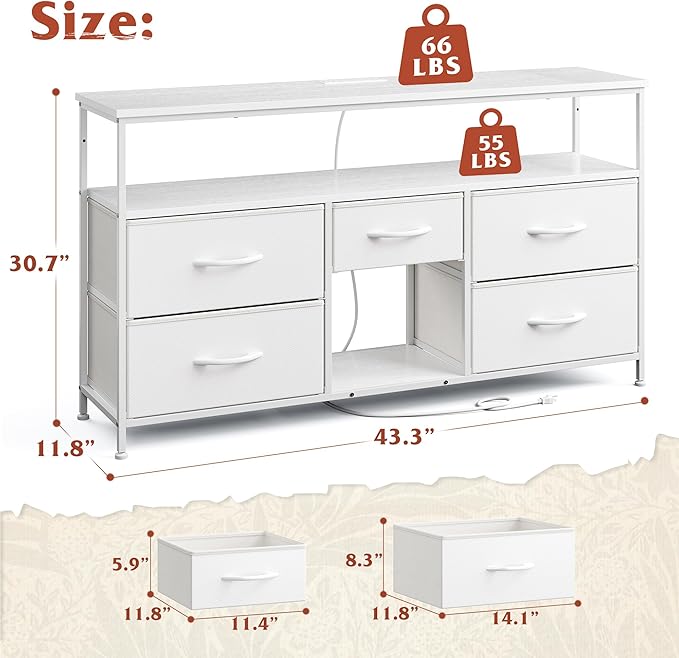 TV Stand Dresser with LED Lights & Power Outlets, Entertainment Center for 50" Inch TV, 5 Drawers TV Stand for Bedroom Dresser with Shelves for Living Room, Sturdy Metal Frame, White