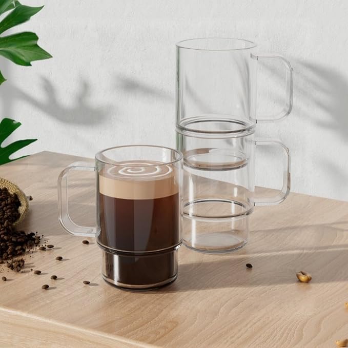 Aquach 18oz Stackable Glass Mugs with Handle, Set of 2 - Large Clear Coffee Cups for Latte, Cappuccino, Mocha, Americano, and Tea