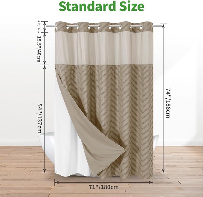 No Hook Boho Farmhouse Shower Curtain with Snap-in Fabric Liner set-71Wx74H(72H),Beige Tufted Chevron Striped Hotel Grade Cloth Shower Curtains for Bathroom with Window,Water Repellent