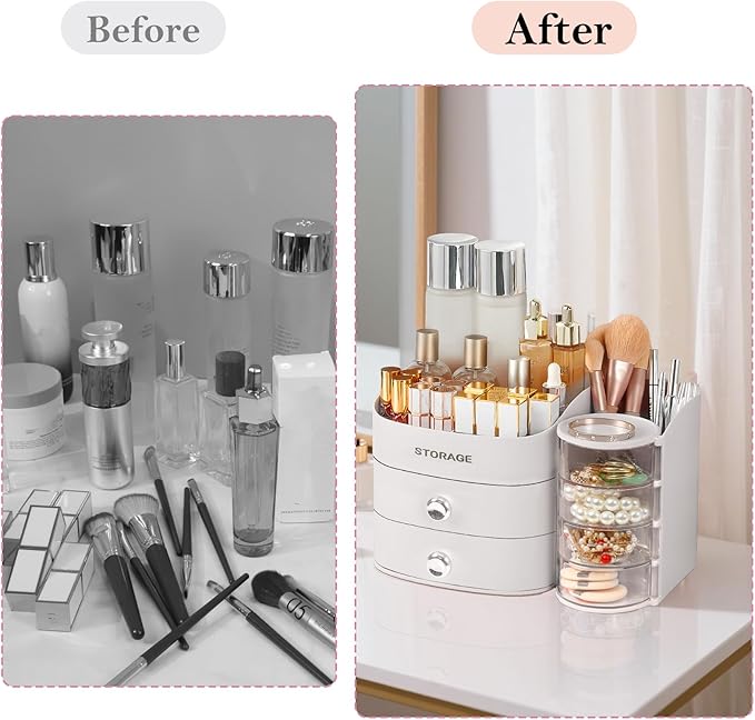 Makeup Organizer Countertop with Drawers, Make up Organizers for Vanity, Skincare Jewelry Earring Organizers, Cosmetic Display Cases Makeup Storage for Bedroom & Bathroom, Ideal Gifts for Women(White)