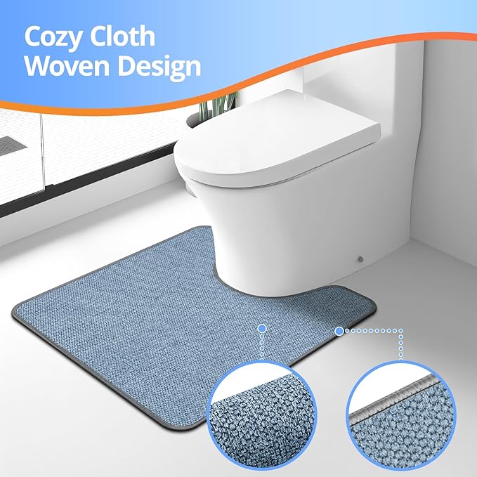 Toilet Rugs U Shaped Washable 24x20, Ultra Thin Toilet Rug Super Absorbent, Toilet Mat Rubber Backing Non-Slip, Toilet Mats Machine Washable Dry Quickly, Contour Bathroom Rugs for Toilet-Blue