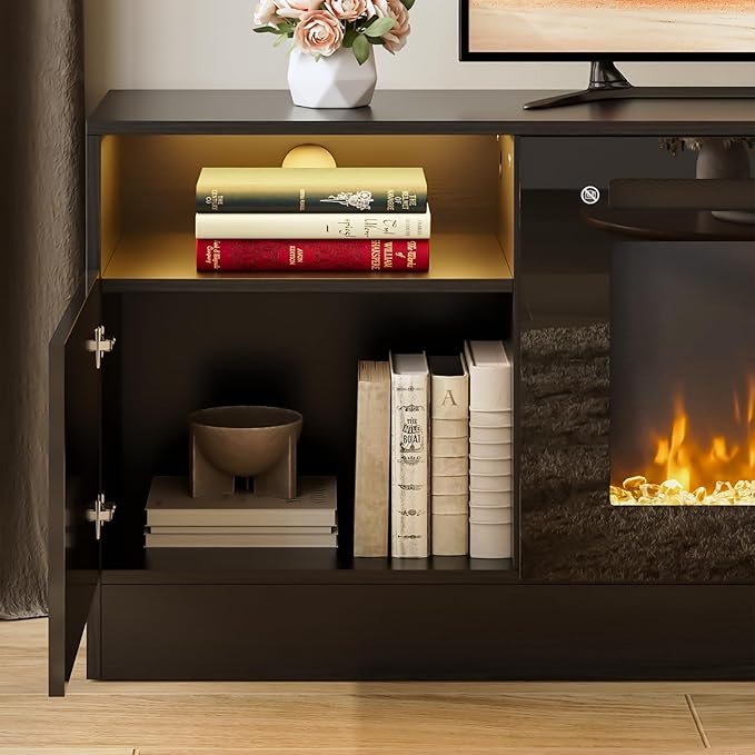 oneinmil 70” TV Stand with 36” Electric Fireplace, Large Modern Media Entertainment Center with Storage Cabinet and 12 Colors LED Lights for TVs Up to 80", Black TV Stand and Black Fireplace