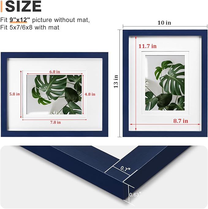 Egofine 9x12 Picture Frame Made of Solid Wood Covered by Plexiglass, Wood Frame for Pictures 5x7/6x8 with Mat or 9x12 without Mat, Tabletop and Wall Mounting Display, Navy Blue