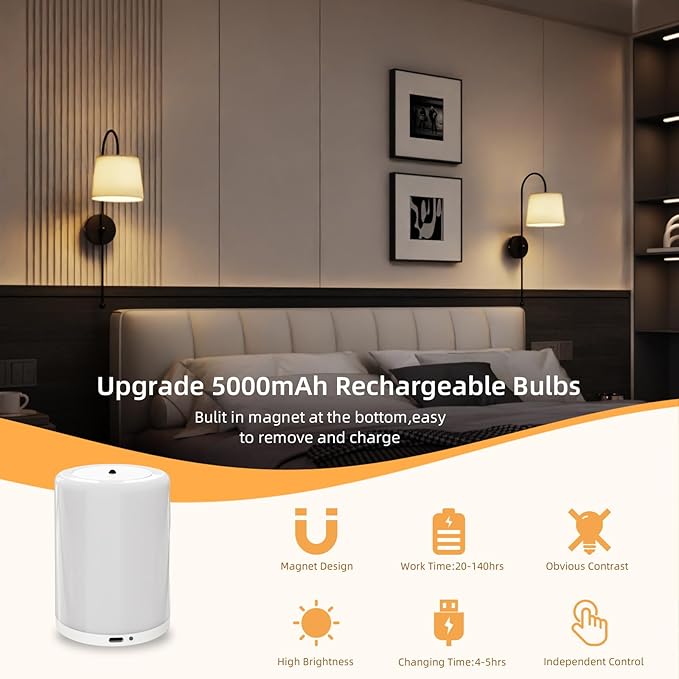 Wall Decor Sconces Set of Two Battery Operated, Rechargeable Wireless Wall Lights for Living Room Bedroom, 2 Battery Powered Wall Lamp with Magnetic Dimmable RGB Bulbs & Remote - Black