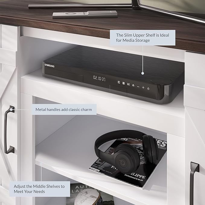 BELLEZE Industrial 47 Inch Rustic Wood TV Stand & Media Entertainment Center Console Table for TVs up to 50 Inch with Open Storage Shelves & Cabinets - Veropeso (White)